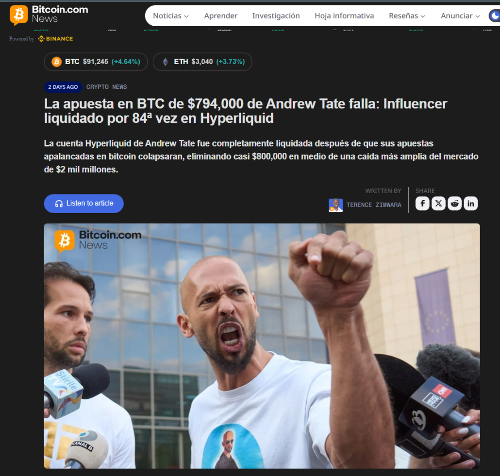 El mercado y la blockchain exponen que el trading no es el mejor talento de Andrew Tate. 